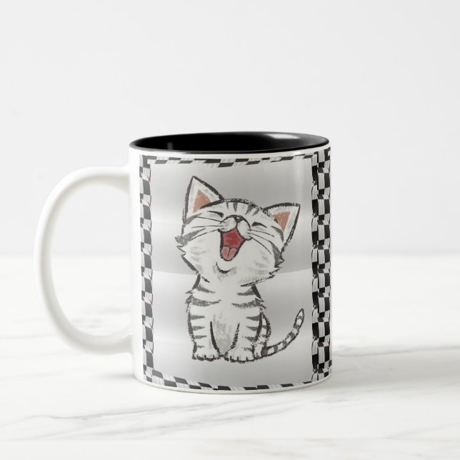 cute black and white cats  with chequerboard,mugs. Two-Tone coffee mug (Left)