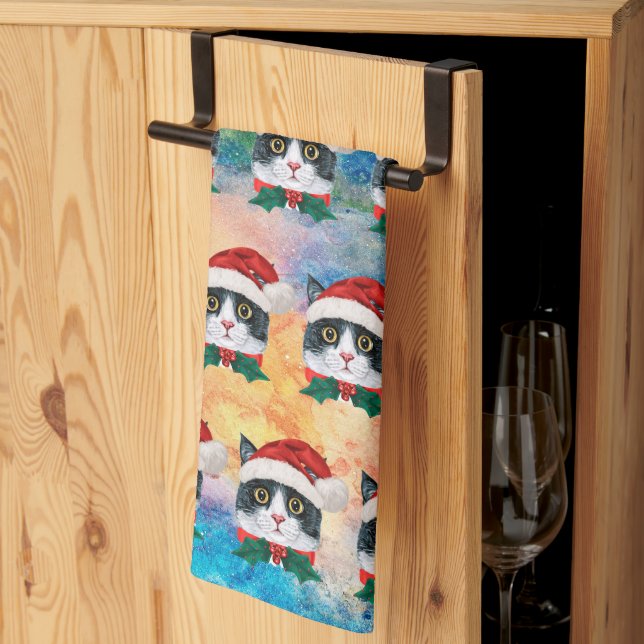 Cute Black and White Christmas Cat Faces Pattern Kitchen Towel (Thirds Fold)