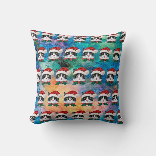 Cute Black and White Christmas Cat Faces Pattern Throw Pillow (Front)