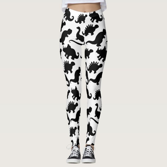 Cute Black and White Dinosaur Pattern Leggings (Front)