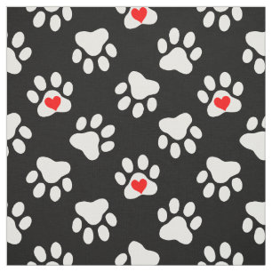 Cute Black and White Dog Paws With Hearts Pattern Fabric