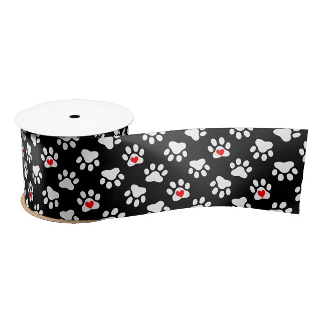 Cute Black and White Dog Paws With Hearts Pattern Satin Ribbon (Spool)