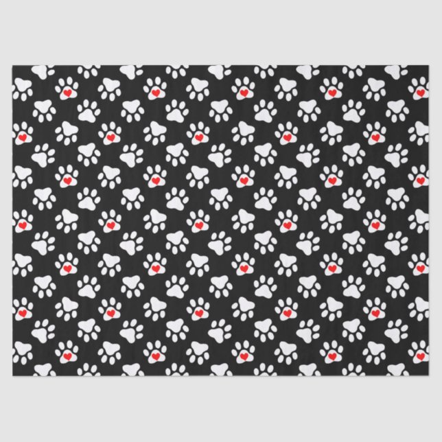 Cute Black and White Dog Paws With Hearts Pattern Tissue Paper (Front)