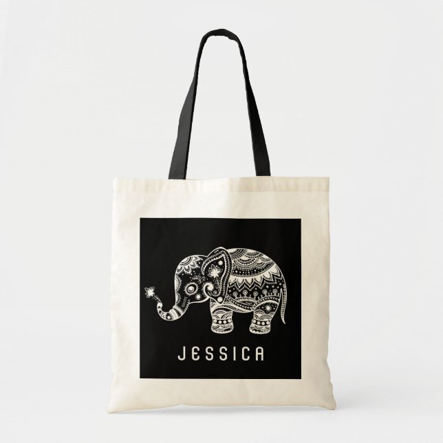 Cute Black And White Floral Elephant Tote Bag (Front)