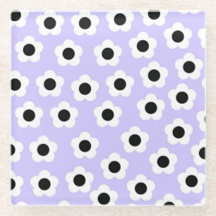 Cute Black and White Flower With Blue Background Glass Coaster