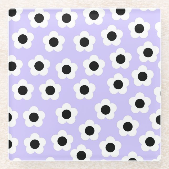 Cute Black and White Flower With Blue Background Glass Coaster (Front)