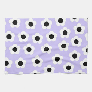 Cute Black and White Flower With Blue Background Kitchen Towel