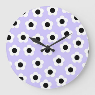 Cute Black and White Flower With Blue Background Large Clock