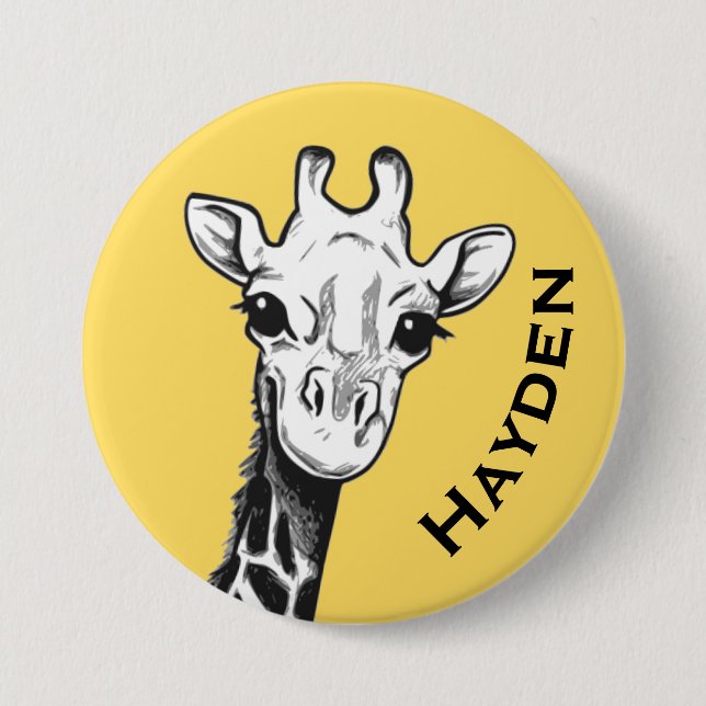 Cute Black and White Giraffe Drawing Personalised 3 Inch Round Button (Front)