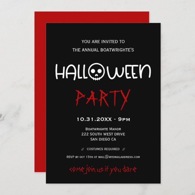 Cute black and white Halloween party Invitation (Front/Back)