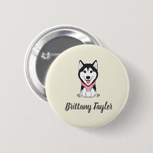 Cute black and white husky dog 2 inch round button