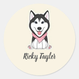 Cute black and white husky dog classic round sticker