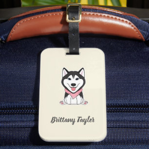 Cute black and white husky dog luggage tag