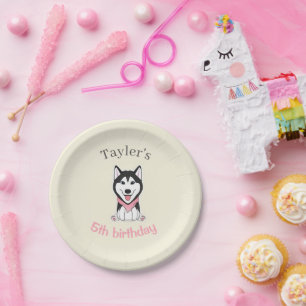 Cute black and white husky dog paper plate