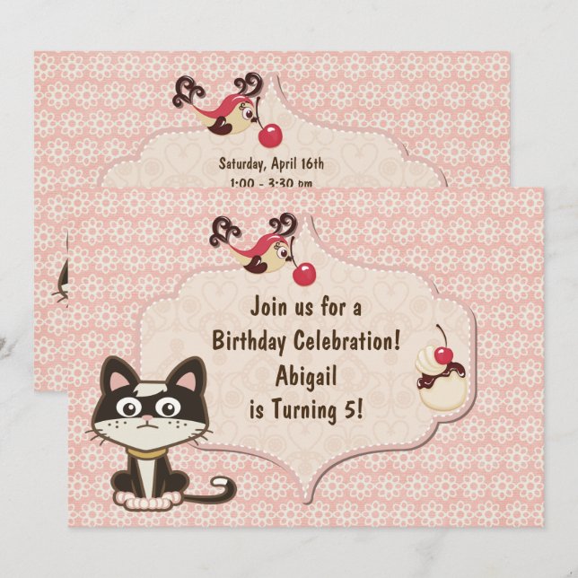Cute Black and White Kitty Cat on Pink Birthday Invitation (Front/Back)