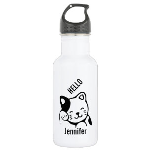 Cute Black and White Kitty Cat Waving Hello 532 Ml Water Bottle