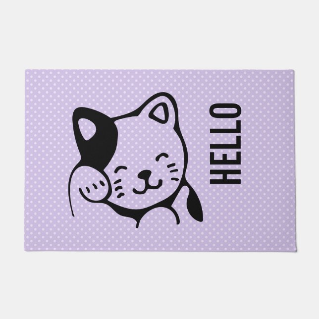 Cute Black and White Kitty Cat Waving Hello Doormat (Front)