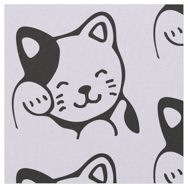 Cute Black and White Kitty Cat Waving Hello Fabric (Close Up)