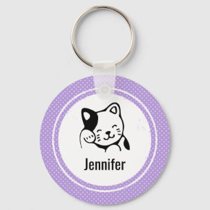 Cute Black and White Kitty Cat Waving Hello Keychain