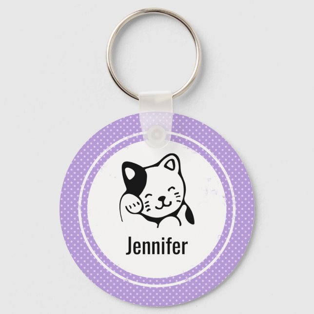 Cute Black and White Kitty Cat Waving Hello Keychain (Front)
