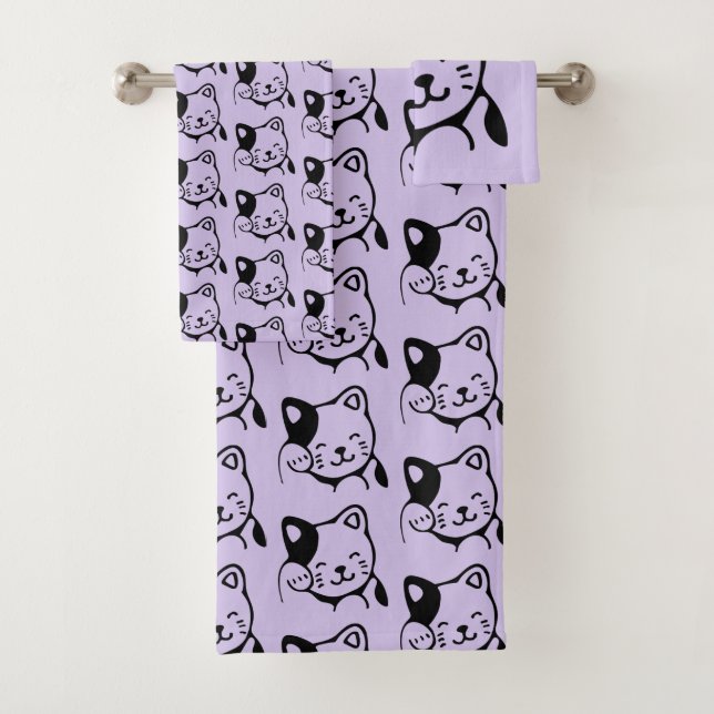 Cute Black and White Kitty Cat Waving Hello Patter Bath Towel Set (Insitu)
