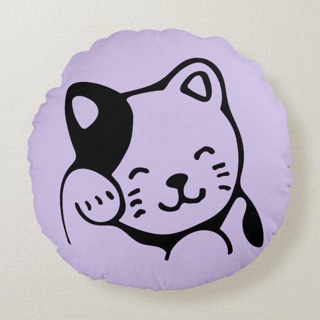 Cute Black and White Kitty Cat Waving Hello Round Pillow (Front)