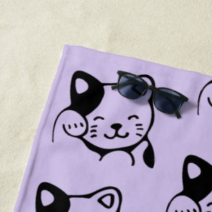 Cute Black and White Kitty Waving Hello Pattern Beach Towel