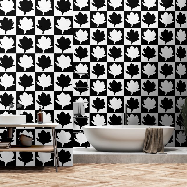 Cute Black and White Magnolia Flower Pattern Wallpaper (Bathroom)