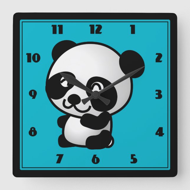Cute black and white panda bear cartoon graphic square wall clock (Front)