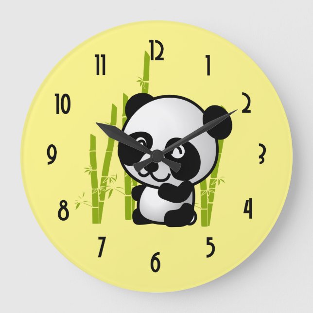 Cute black and white panda bear in a bamboo grove. large clock (Front)