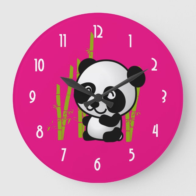 Cute black and white panda bear in a bamboo grove. large clock (Front)