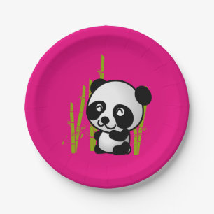 Cute black and white panda bear in a bamboo grove. paper plate