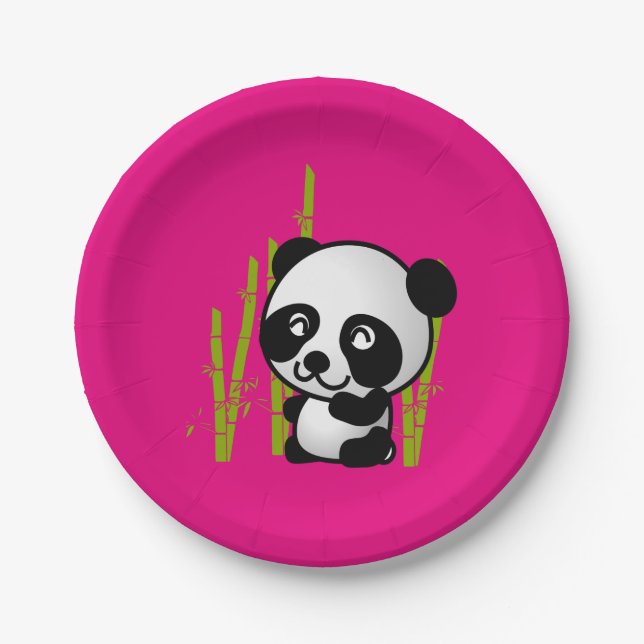 Cute black and white panda bear in a bamboo grove. paper plate (Front)