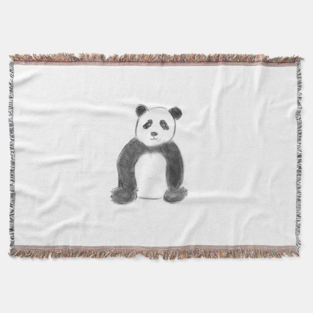 Cute black and white panda sketch throw blanket (Front)