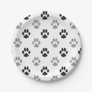 Cute Black And White Paw Prints Pattern Paper Plate