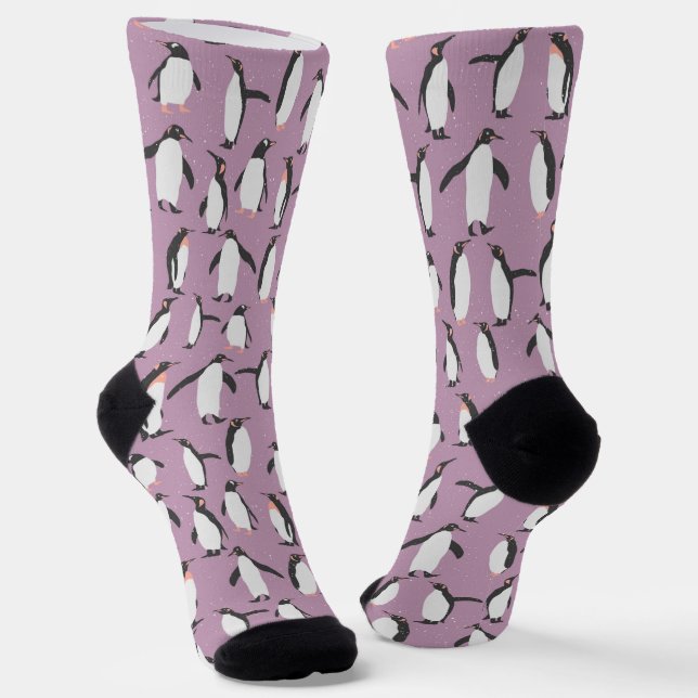 Cute Black and White Penguins on Purple Socks (Angled)