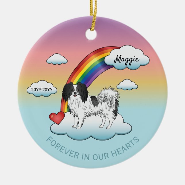 Cute Black And White Phalène Dog Rainbow Memorial Ceramic Ornament (Front)