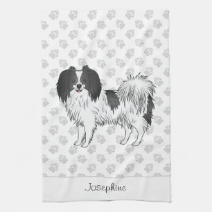 Cute Black And White Phalène Dog With Custom Name Kitchen Towel