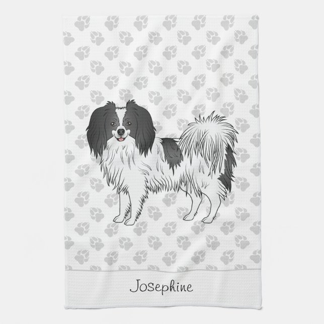 Cute Black And White Phalène Dog With Custom Name Kitchen Towel (Vertical)