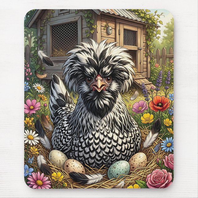 Cute Black and  White Polish Chicken Mouse Pad (Front)