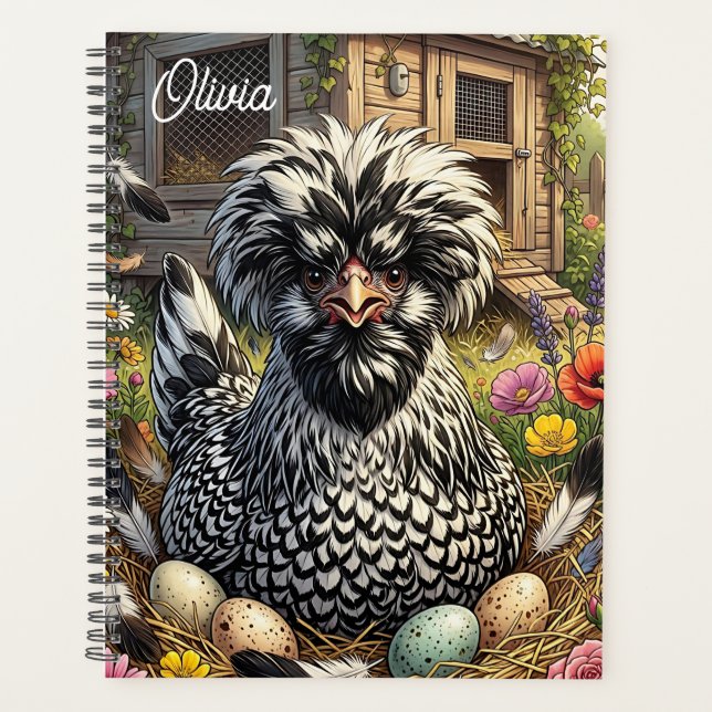 Cute Black and  White Polish Chicken Personalized Planner (Front)