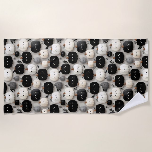 Cute Black and White Pumpkin Fall Pattern Beach Towel (Front)
