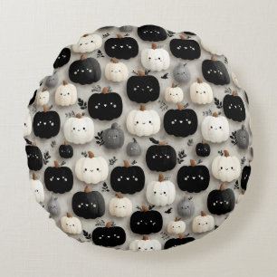 Cute Black and White Pumpkin Fall Pattern Round Pillow