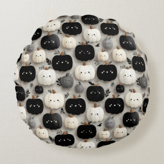 Cute Black and White Pumpkin Fall Pattern Round Pillow