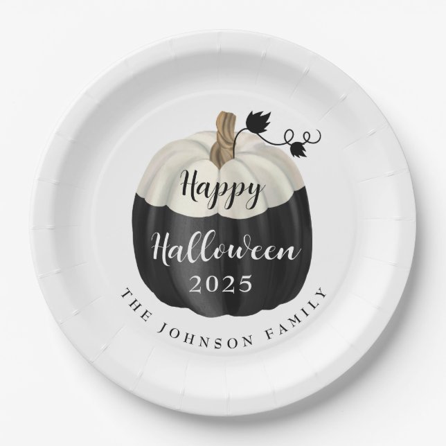 Cute Black And White Pumpkin Happy Halloween 2022 Paper Plate (Front)