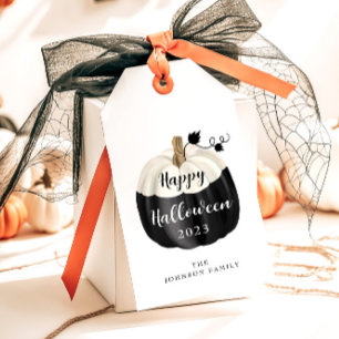 Cute Black And White Pumpkin Happy Halloween Gift Tags