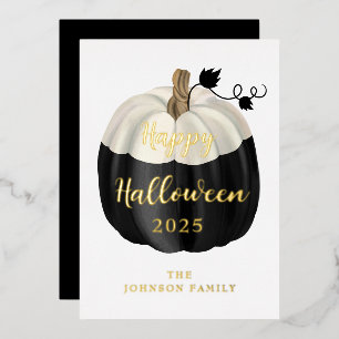 Cute Black And White Pumpkin Happy Halloween Gold Foil Holiday Card