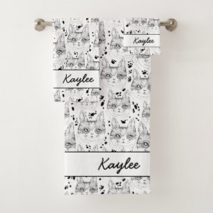 Cute Black and White Serene Cat Face Pattern Bath Towel Set