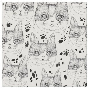 Cute Black and White Serene Cat Face Pattern  Fabric