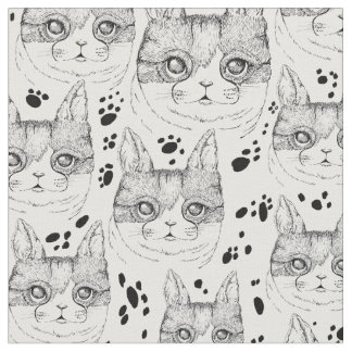 Cute Black and White Serene Cat Face Pattern  Fabric